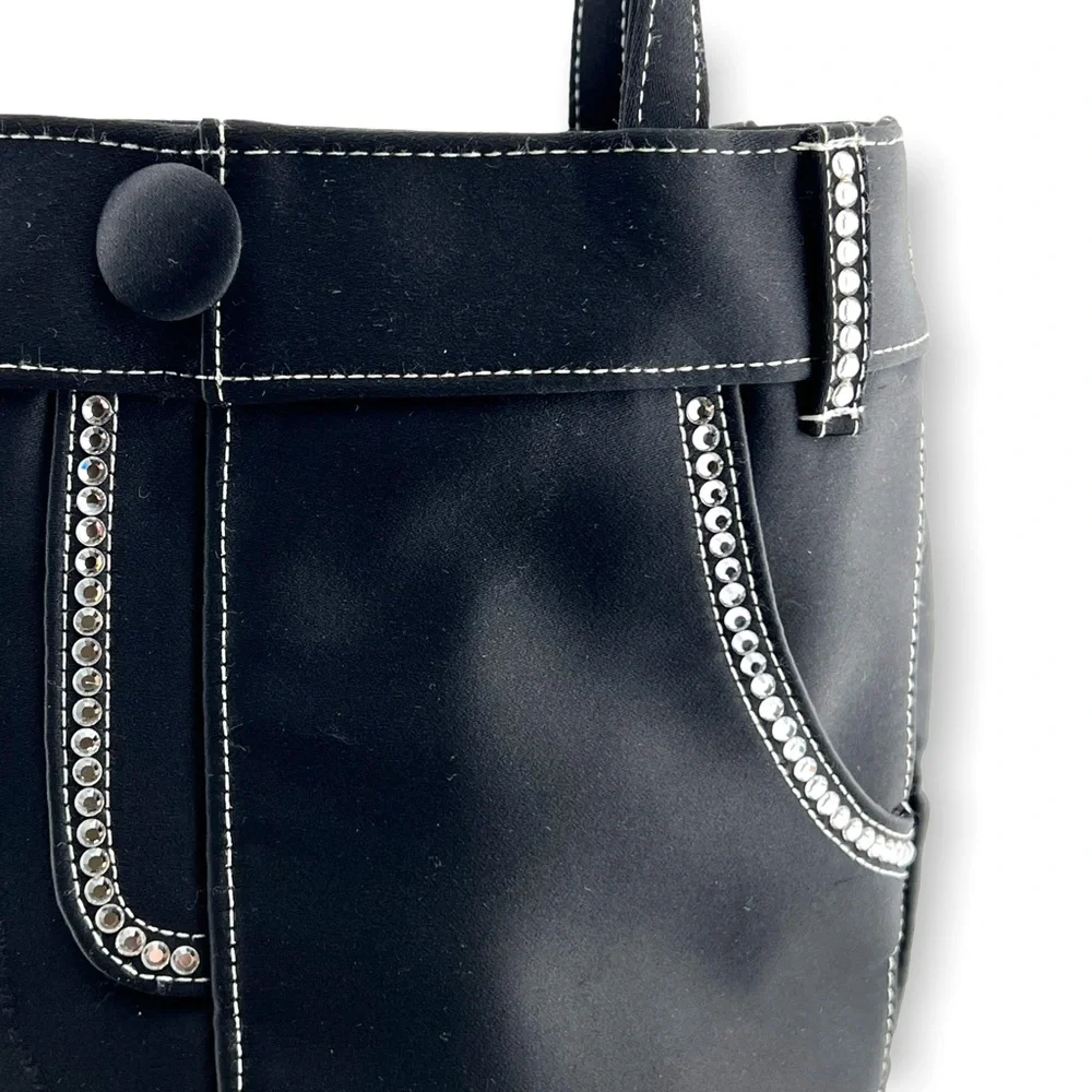 Timmy Woods Jeans with Stones Black Satin Rhinestone Pants Purse Handbag Tote